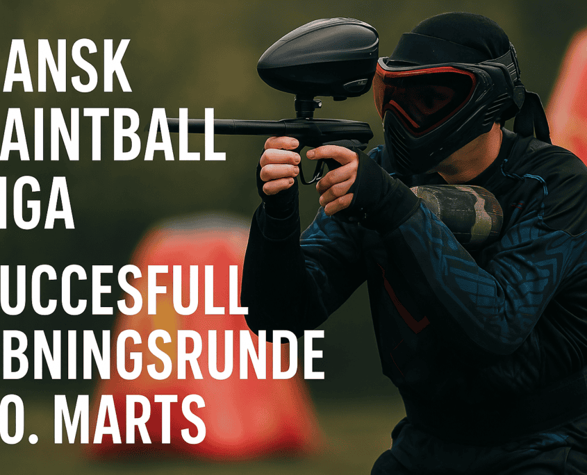 Paintballspiller i fuld gear i aktion på professionel bane under Dansk Paintball Liga hos Midtjysk Event