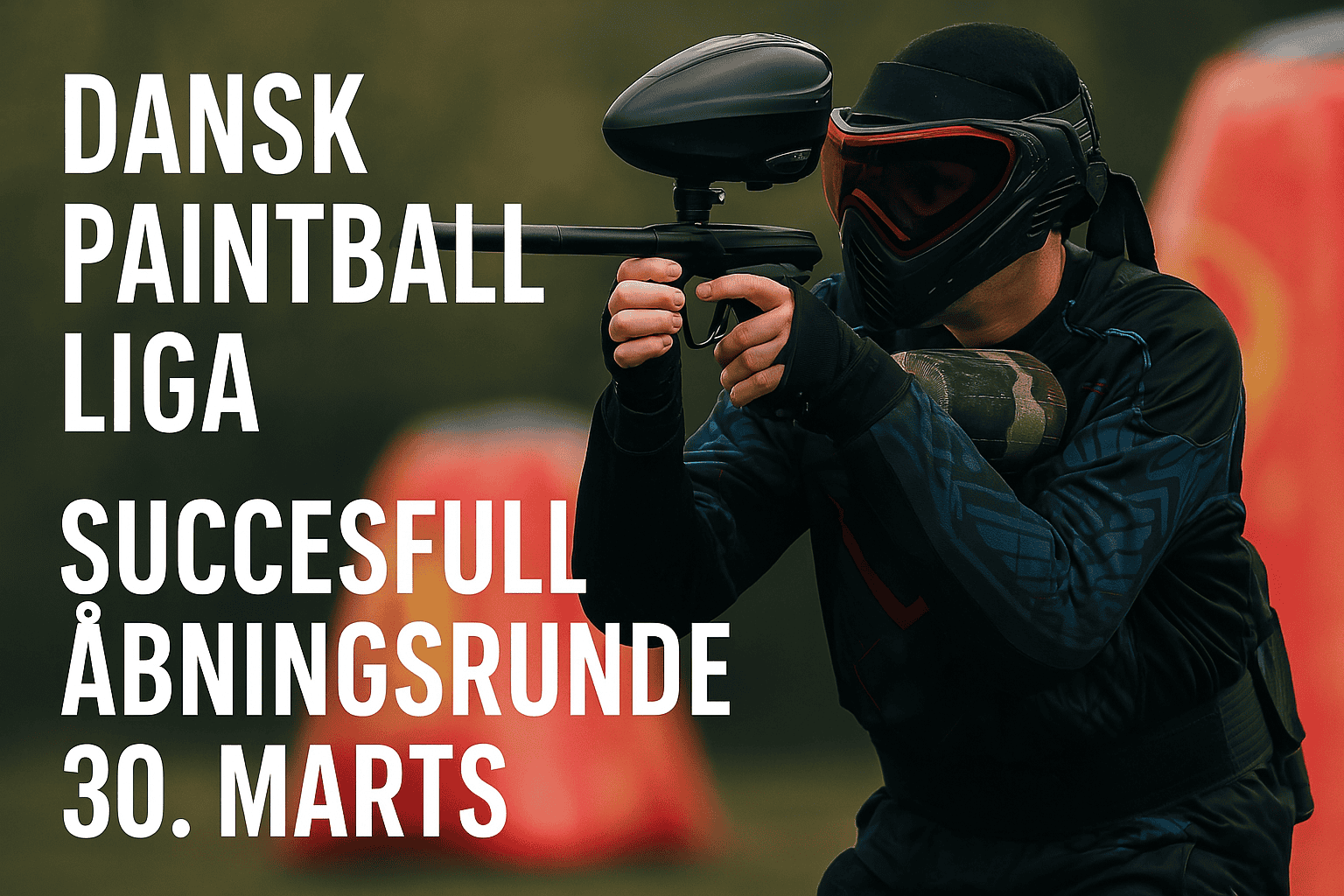 Paintballspiller i fuld gear i aktion på professionel bane under Dansk Paintball Liga hos Midtjysk Event